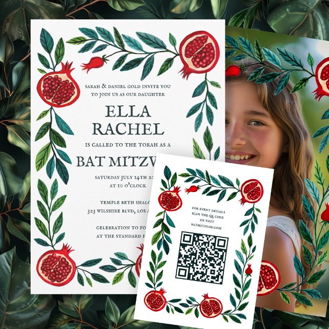 Carte D'accompagnement Grenade QR Bat Bar personnalisé Mitzvah Aquarelle (Pomegranates Custom QR Bat Bar Mitzvah Watercolor Enclosure Card
)