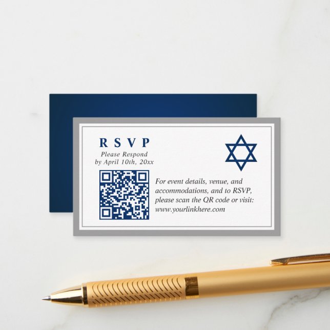 Carte D'accompagnement Grey Navy Blue Bar Mitzvah QR Code RSVP Budget (Devant/Arrière en situation)