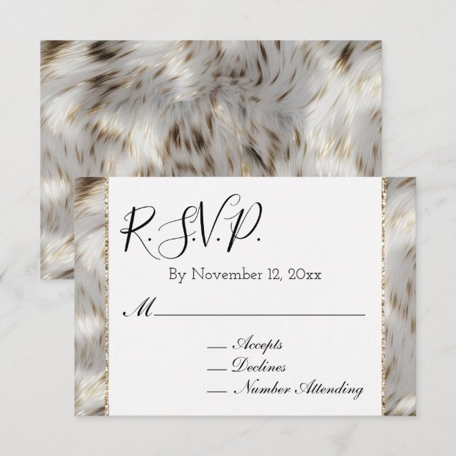 Carte D'accompagnement Gris Blanc Or Faux Fur RSVP (Devant / Derrière)