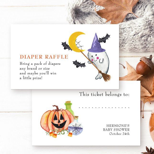 Carte D'accompagnement Halloween Baby shower Cute Ghost Diaper Raffin (Halloween Baby Shower diaper raffle tickets with cute ghost, pumpkin and magic baby making potions)