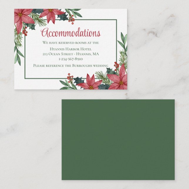 Carte D'accompagnement Hébergement de mariage de Noël Fleurs de Poinsetti (Devant / Derrière)
