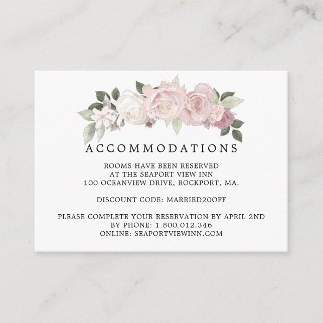 Carte D'accompagnement Hébergement de mariage floral Rose blanche rose (Devant)
