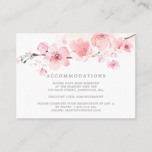 Carte D'accompagnement Hébergement de mariage floral rose Cerisier en fle (Devant)