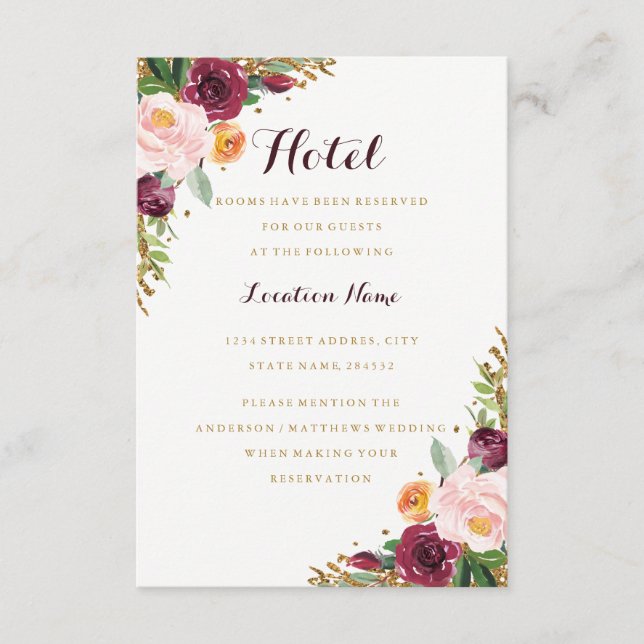 Carte D'accompagnement Hébergement d'hôtel à paillettes florales or Bourg (Devant)