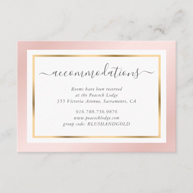 Carte D'accompagnement Hébergement moderne Blush Rose et Gold Mariage (Devant)