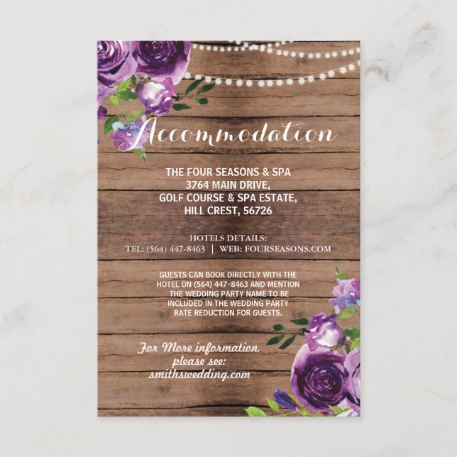Carte D'accompagnement Hébergement rustique Mariage Fleurs de bois violet (Devant)