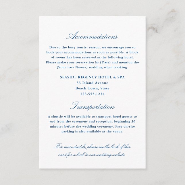 Carte D'accompagnement Hébergements Bleus de la marine Elégant Transport  (Devant)