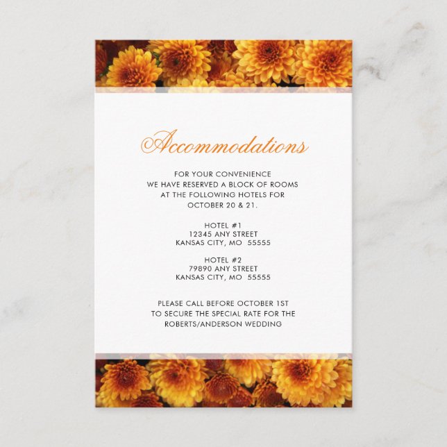 Carte D'accompagnement Hébergements de mariage aux Chrysanthèmes Orange (Devant)