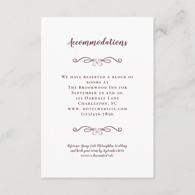 Carte D'accompagnement Hébergements Elégant Bourgogne Détails Mariage (Devant)