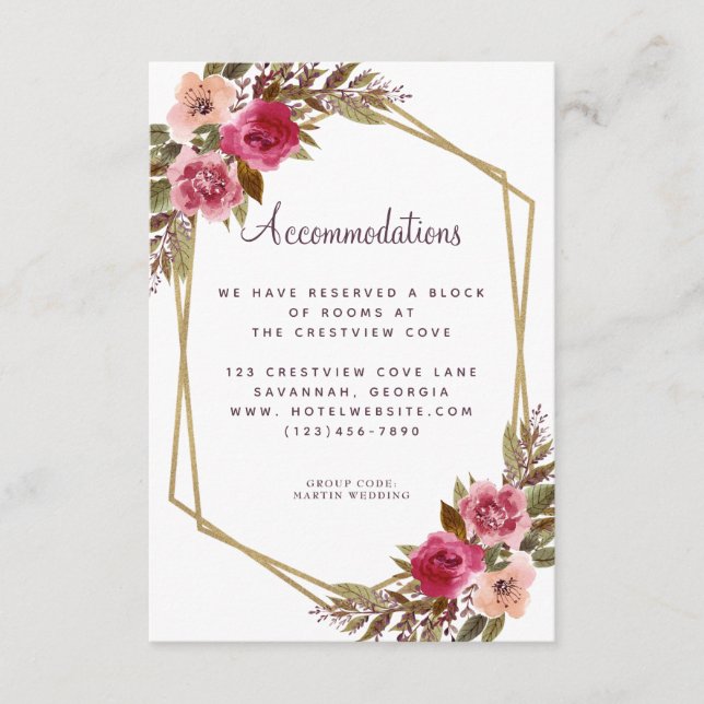 Carte D'accompagnement Hébergements Floral Gold Mariage Détail Purple (Devant)