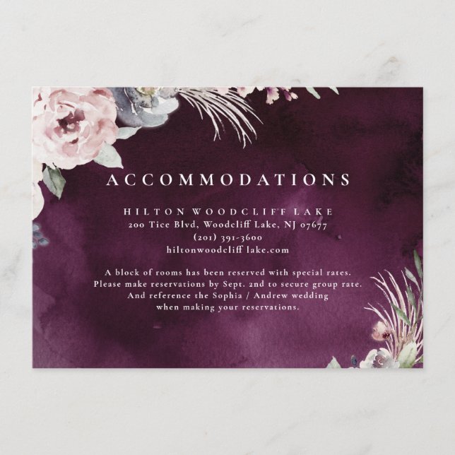 Carte D'accompagnement Hébergements floraux boho rose et prune poussiéreu (Devant)