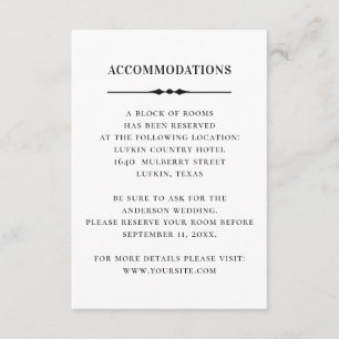 Carte D'accompagnement Hébergements mariage blancs noirs. Détails simples