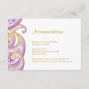 Carte D'accompagnement Hébergements Mariage Purple et Gold Paisley