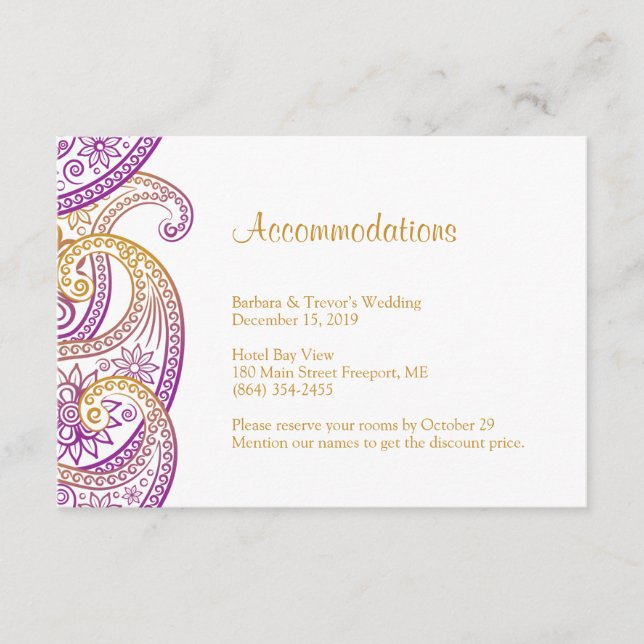 Carte D'accompagnement Hébergements Mariage Purple et Gold Paisley (Devant)
