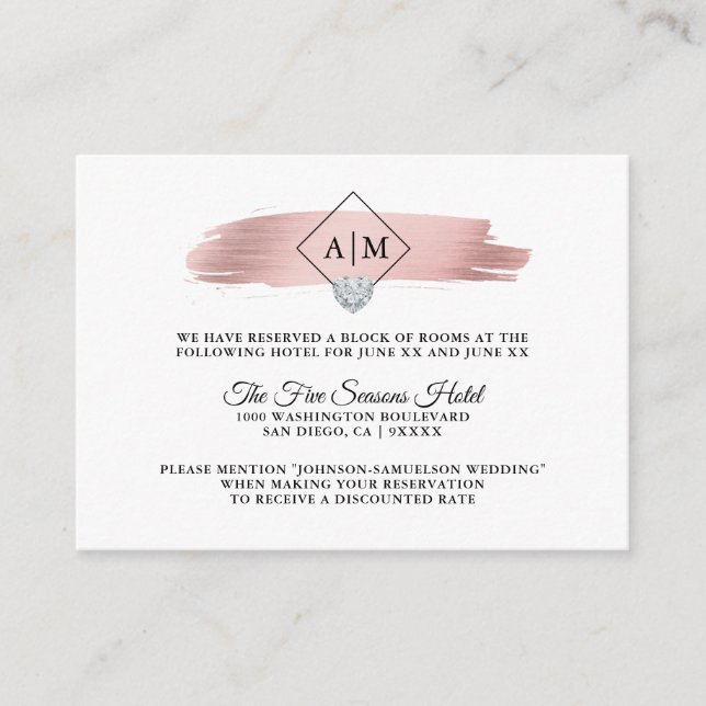 Carte D'accompagnement HÉBERGEMENTS Mariage Rose Gold Foil Monogrammes (Devant)