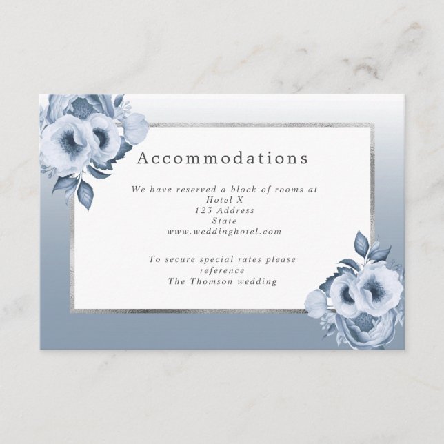 Carte D'accompagnement Hébergements mariages bleu poussiéreux flancs blan (Devant)