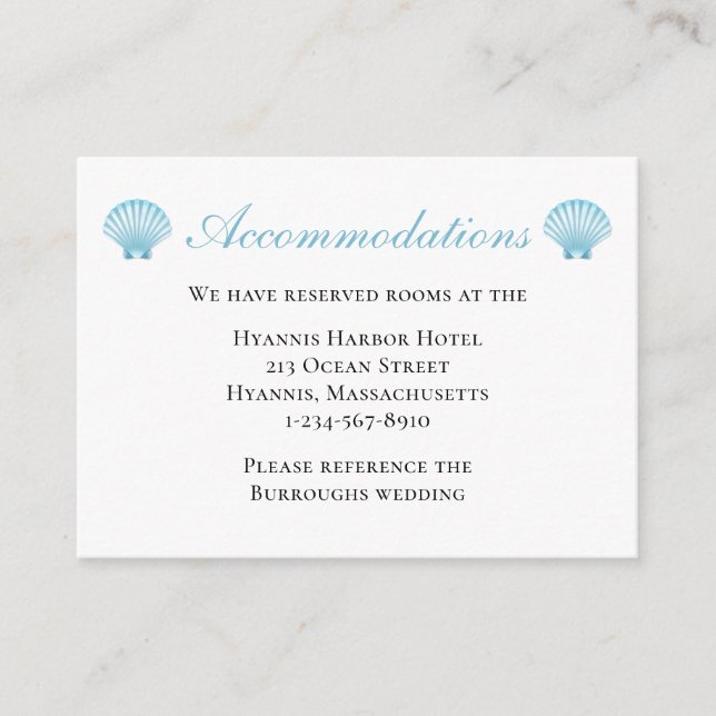 Carte D'accompagnement Hébergements mariages Blue Nautical Shells Beach (Devant)