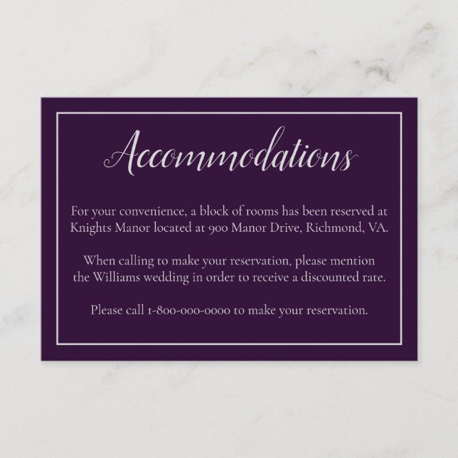 Carte D'accompagnement Hébergements Mariages Purple et Silver (Devant)