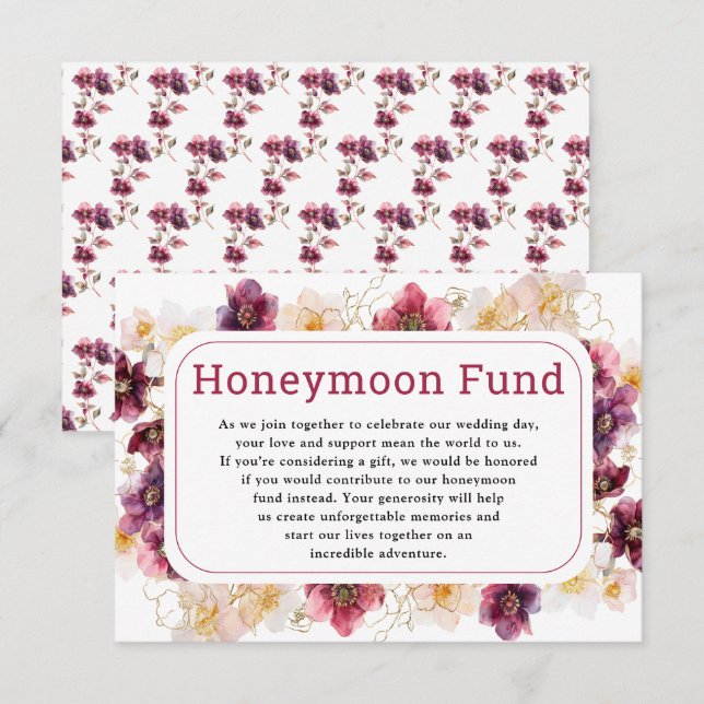 Carte D'accompagnement Hellebore Floral Burgundy Wedding Honeymoon Fund (Devant / Derrière)