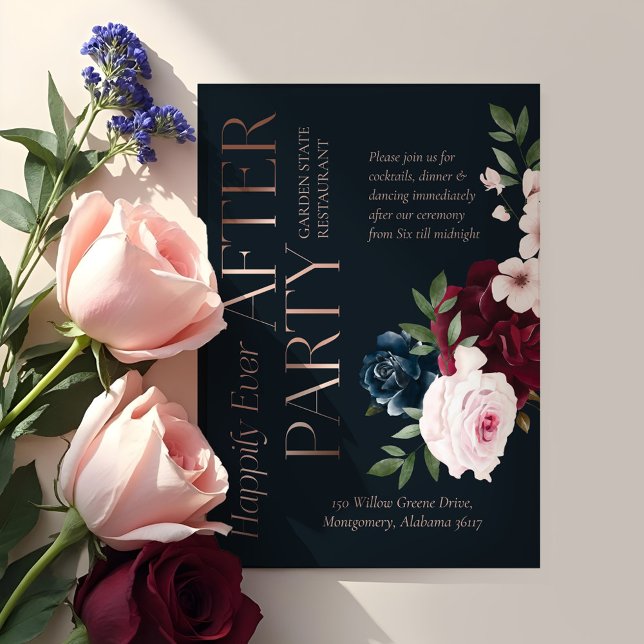 Carte D'accompagnement Heureux toujours après la fête Bourgogne et floral (Happily Ever After Party Burgundy & Navy Florals Enclosure Card)