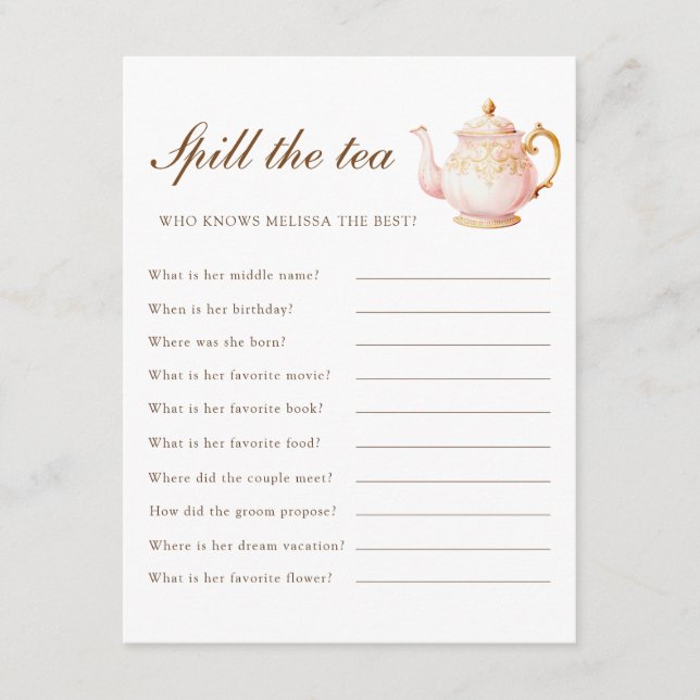 Carte D'accompagnement High Tea Pastel Bridal Shower Party Game (Devant)