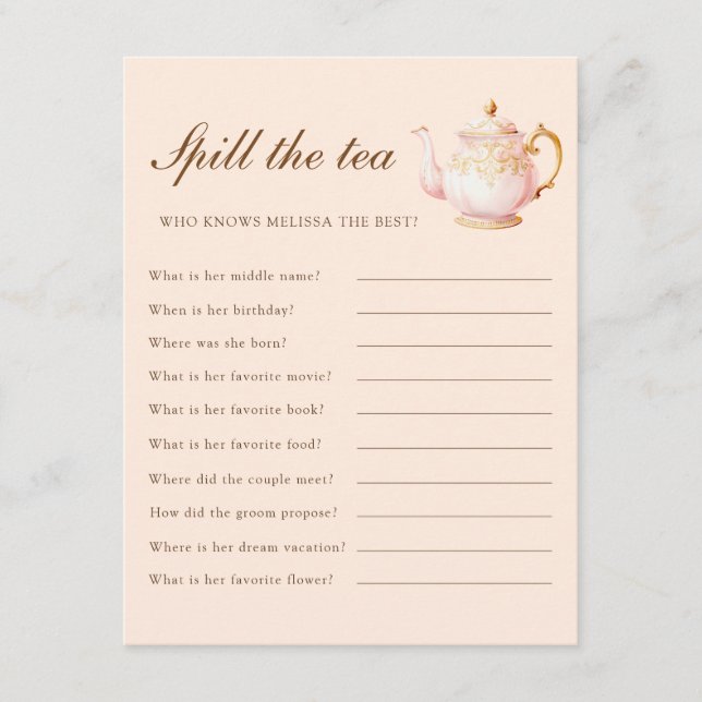 Carte D'accompagnement High Tea Pastel Orange Bridal Shower Party Game (Devant)