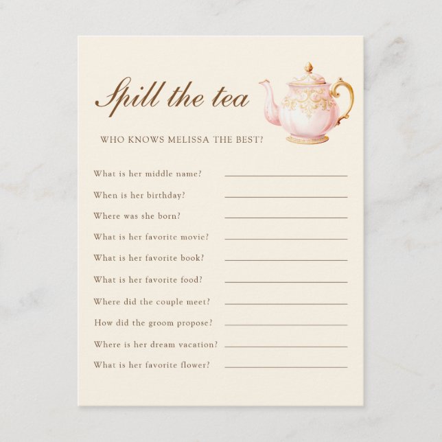 Carte D'accompagnement High Tea Pastel Yellow Bridal Shower Party Game (Devant)