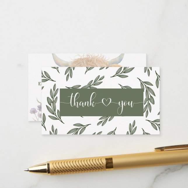 Carte D'accompagnement Highland Cow baby shower de verdure merci (Devant/Arrière en situation)