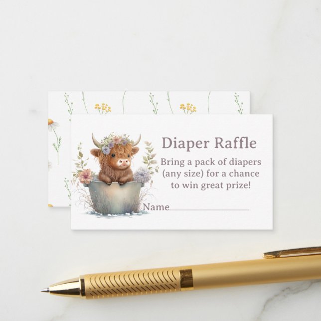 Carte D'accompagnement Highland Cow floral girl diaper tombola (Devant/Arrière en situation)