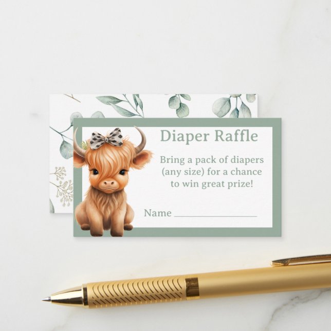 Carte D'accompagnement Highland Cow greenery fille diaper tombola (Devant/Arrière en situation)