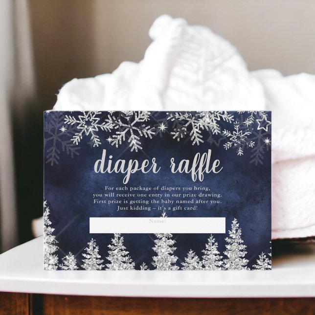 Carte D'accompagnement Hiver argent neige pinède marine diaper tombole bé (Winter silver snow pine navy diaper raffle baby enclosure card)