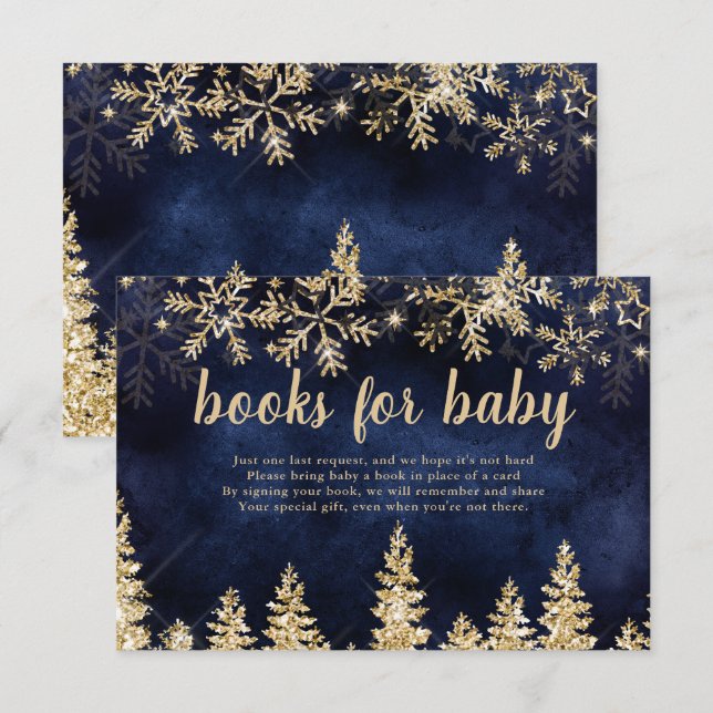 Carte D'accompagnement Hiver chic or neige pinède livre marine pour bébé (Devant / Derrière)