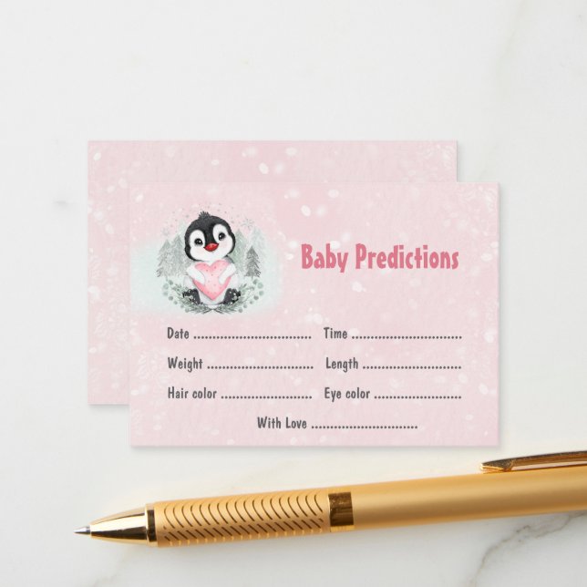 Carte D'accompagnement Hiver Pingouin rose Baby shower Prédictions de jeu (Devant/Arrière en situation)