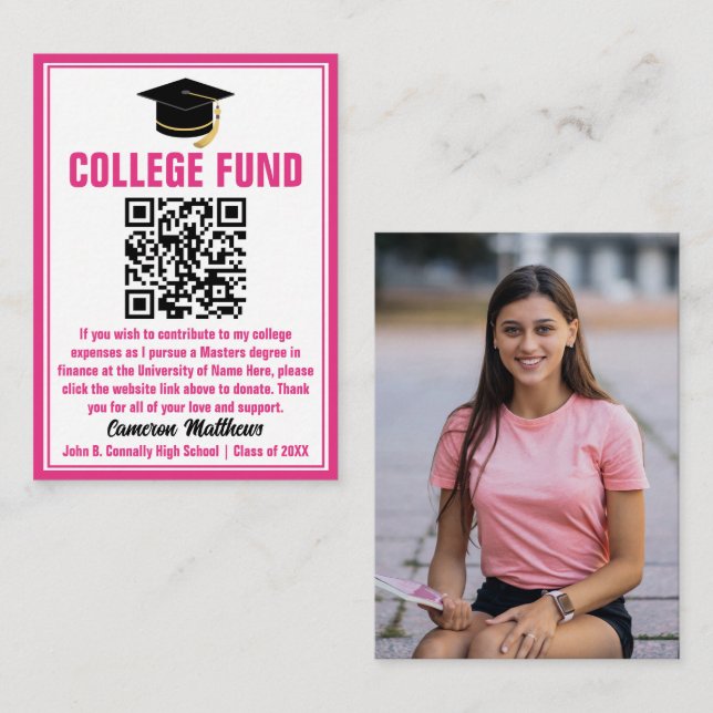 Carte D'accompagnement Hot Rose Graduate Photo College Fund QR Code (Devant / Derrière)