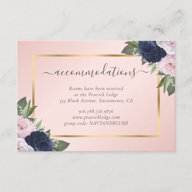 Carte D'accompagnement Hôtel Blush Navy Blue Mariage Hébergement (Devant)