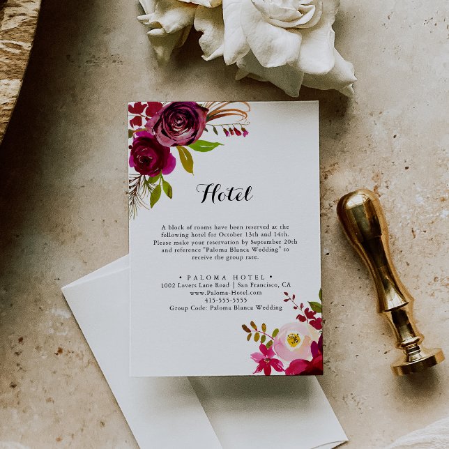 Carte D'accompagnement Hôtel Rustique Blush Bourgogne Floral Calligraphie (Créateur téléchargé)