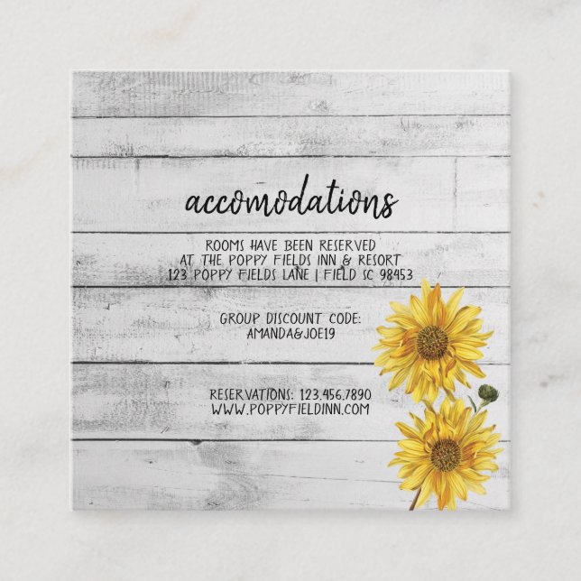 Carte D'accompagnement Hôtel Rustique Mariage de tournesols en bois blanc (Devant)