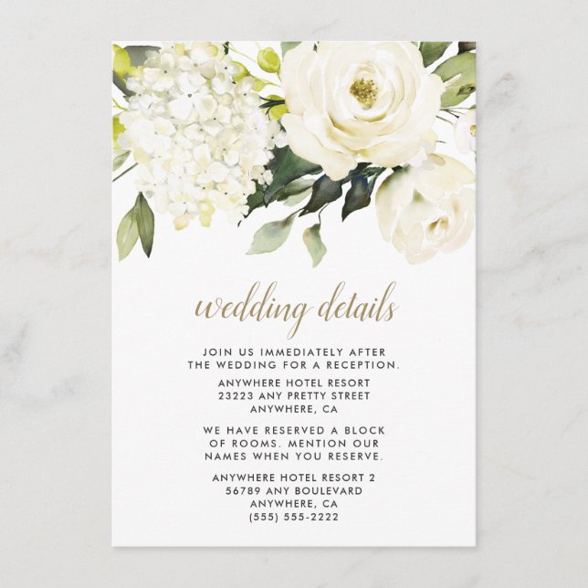 Carte D'accompagnement Hydrangea Elegant Rose or blanc Mariage floral (Devant)