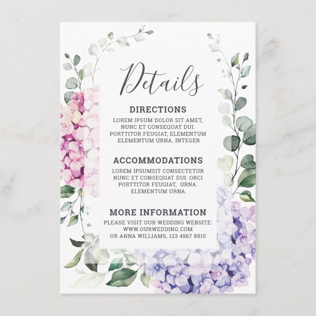 Carte D'accompagnement Hydrangées rose pâle et mariage d'eucalyptus (Devant)