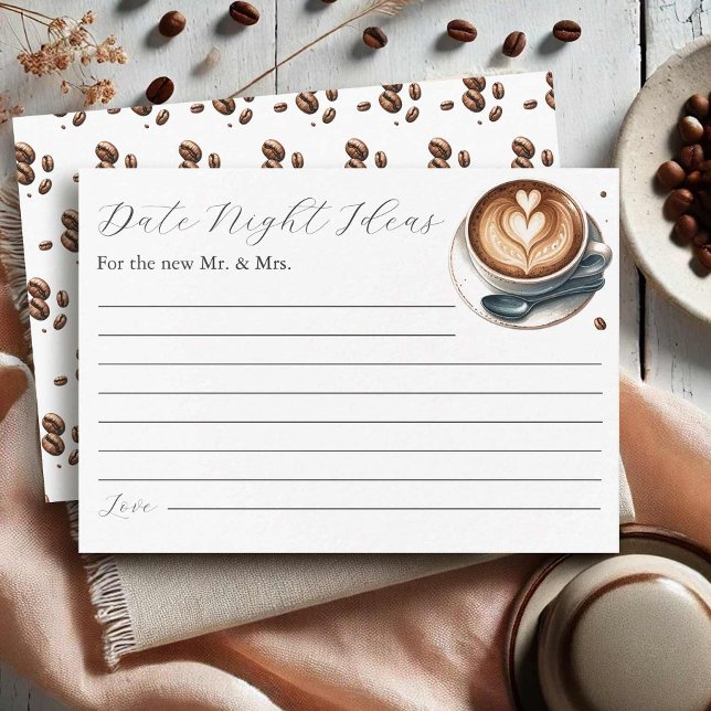 Carte D'accompagnement Idées de soirée café expresso pour une fête de mar (Coffee themed bridal shower game invitation insert date night card love is brewing)