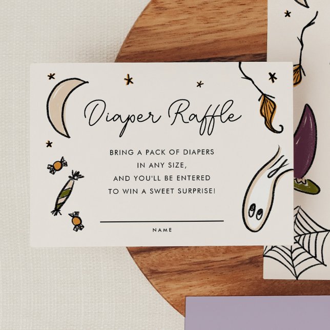 Carte D'accompagnement Illustration Baby shower d'Halloween Raffle de cou (Our Little Boo is Almost Due - Illustrated Halloween Baby Shower Diaper Raffle Enclosure Card)