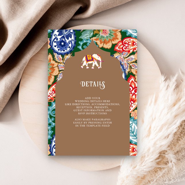 Carte D'accompagnement Indian Folk Art Elephant Beige Mariage Détails (Créateur téléchargé)