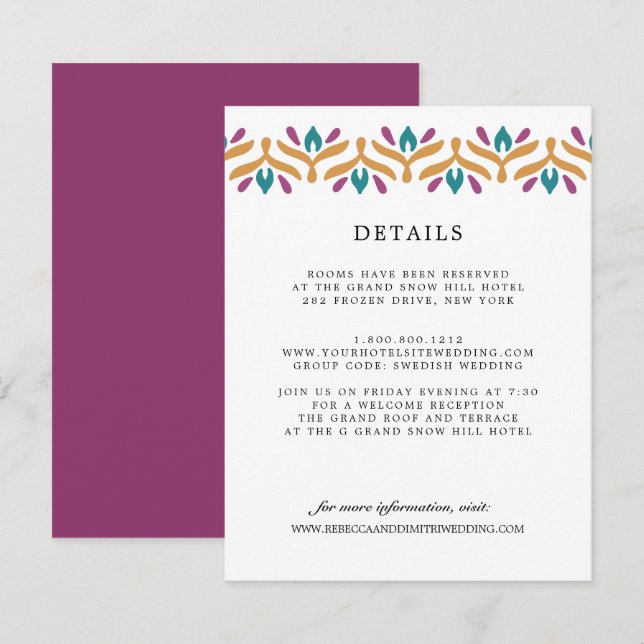 Carte D'accompagnement Indian Folk Art Purple MARIAGE Détails sur l'invit (Devant / Derrière)