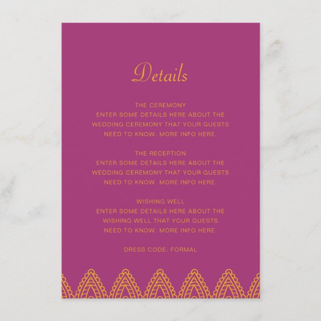 Carte D'accompagnement Indian Orange Pink Mehndi Hindu Détails du Mariage (Devant)