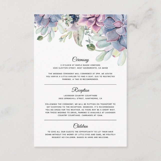 Carte D'accompagnement Informations de mariage de florales succulentes él (Devant)