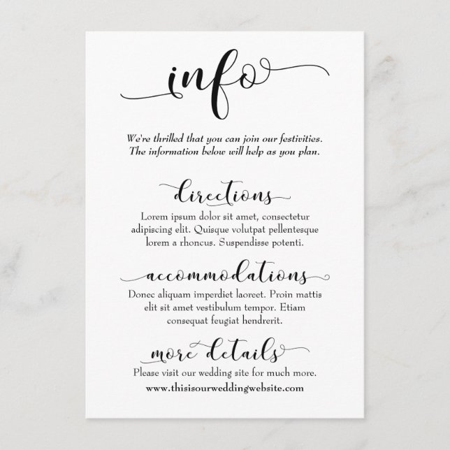 Carte D'accompagnement Informations de mariage Simple Noir & Blanc Script (Devant)