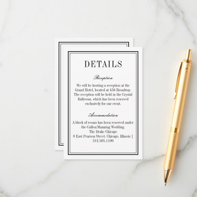 Carte D'accompagnement Informations minimalistes sur le Mariage de code Q (Devant/Arrière en situation)