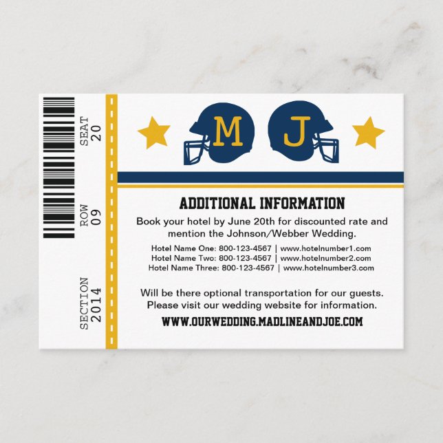 Carte D'accompagnement Informations sur le Mariage de billets de football (Devant)