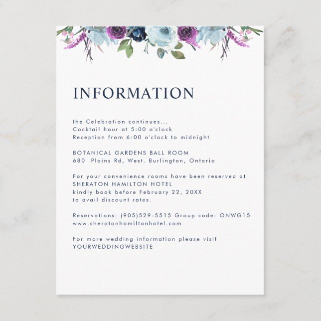 Carte D'accompagnement Informations sur les clients floraux pourpre et bl (Devant)