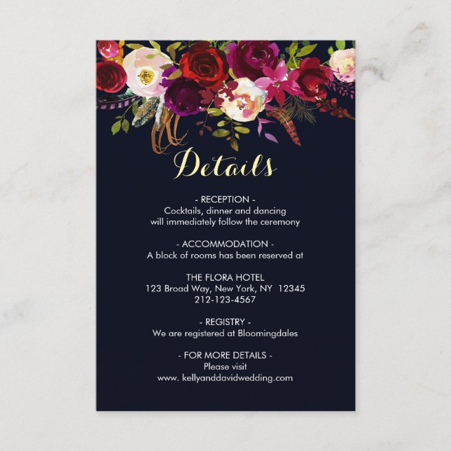 Carte D'accompagnement Informations sur les détails de mariage floral boh (Devant)